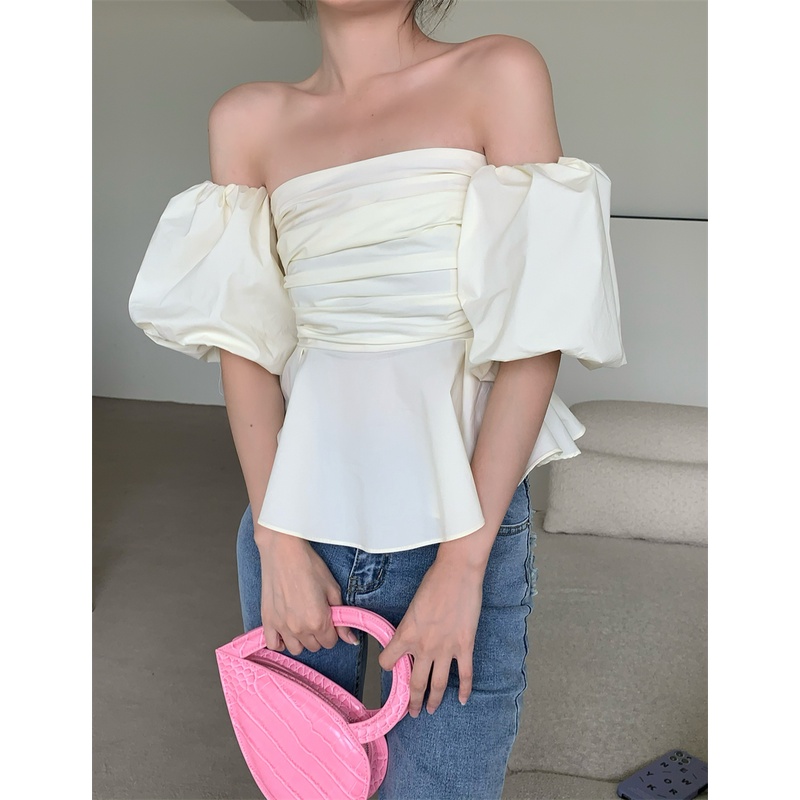 QKOOLE Áo thun trễ vai tay phồng phong cách Hàn Quốc dành cho nữ