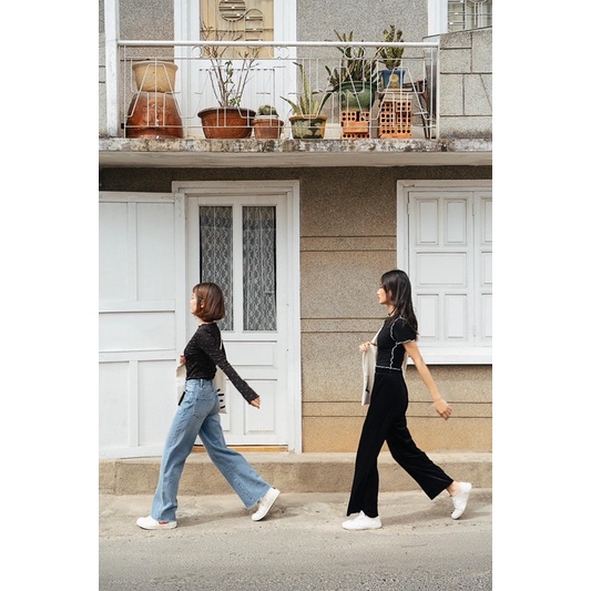 LIBE - Áo Thun Croptop Đen Chỉ Trắng - Size S