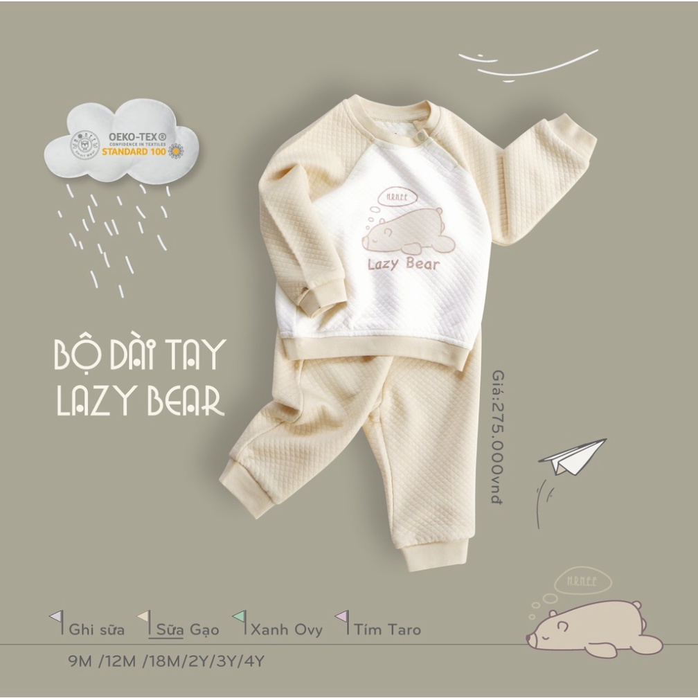 Bộ nỉ bé trai, bé gái HRNEE chất liệu trần bông ấm áp - BST LAZY BEAR