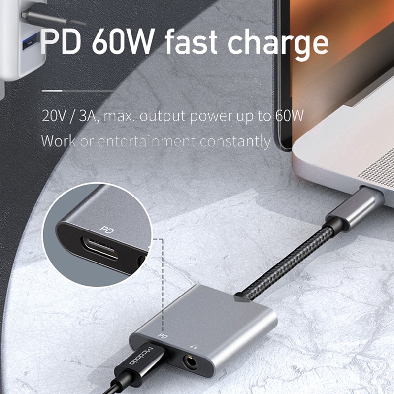 Mcdodo 60W PD USB Type C To 3.5mm Jack Earphone Audio Adapter Fast Charge PUBG Game Cable For iPad Pro Macboo Samsun Note 10 Huawei Xiaomi