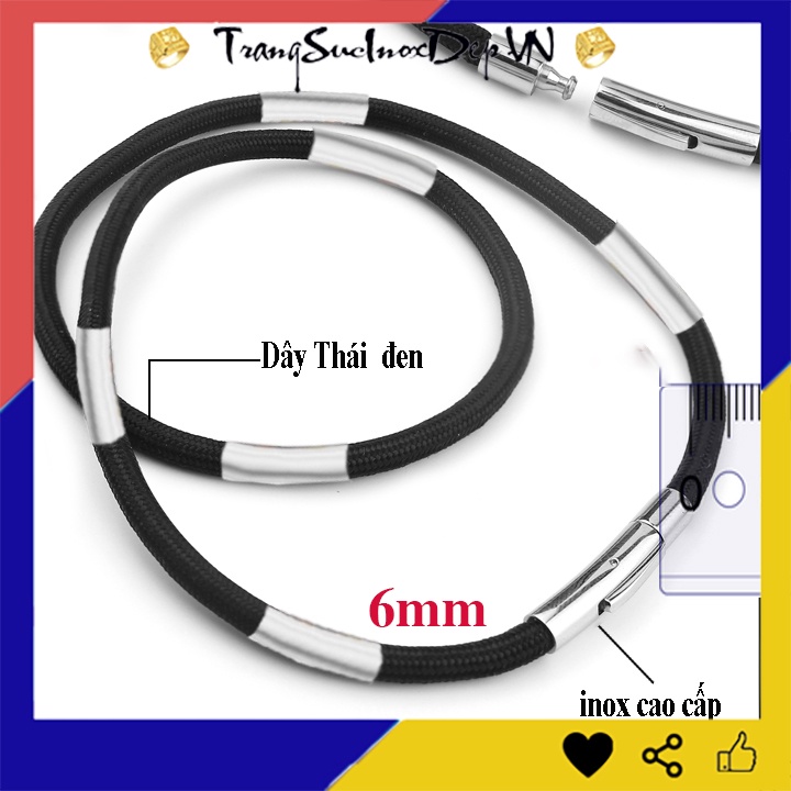Dây chuyền dù thái màu đen loại to 6ly bọc khoen (6 khoen) khóa gài cao cấp bằng inox sáng đẹp, không đen, hợp thời trag
