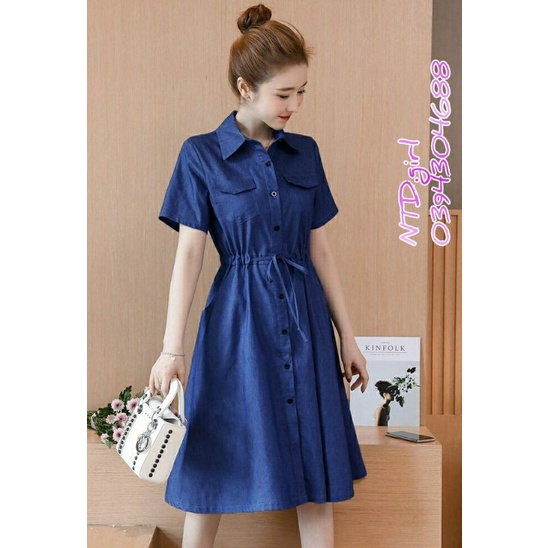 Đầm jean dáng xòe suông nhẹ rút dây eo, váy bò denim cotton cổ sơ mi 2 túi trước - DTH