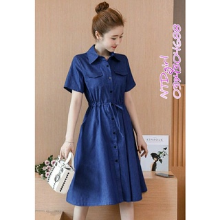 Đầm jean dáng xòe suông nhẹ rút dây eo, váy bò denim cotton cổ sơ mi 2 túi trước - DTH