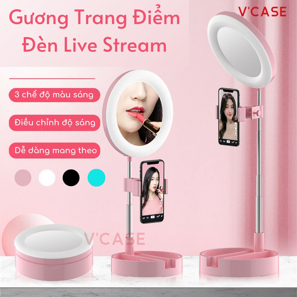 (ẢNH THẬT) Gương Tròn Trang Điểm Có Đèn Led Trợ Sáng, ĐÈN LIVE, 3 Màu, Tăng Giảm Chiều Cao, Gấp Gọn, Livestream, Tiktok,