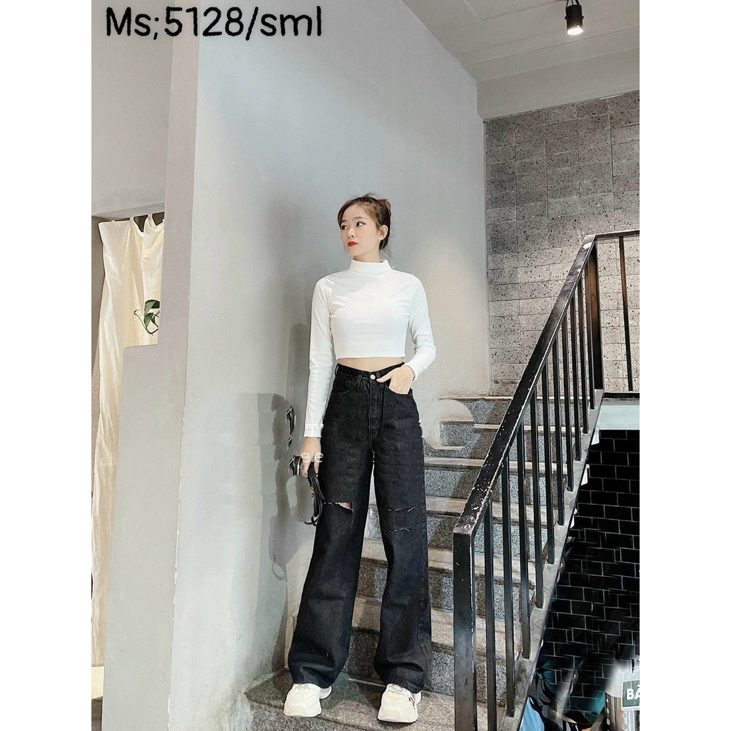 QUẦN JEAN ỐNG RỘNG NỮ XÁM ĐEN RÁCH 1 VẠT 2 SỌC FORM DÀI RỘNG LAI CUỐN CHUẨN CHỈ, ĐẲNG CẤP THỜI TRANG VÀ CÁ TÍNH CAO CẤP