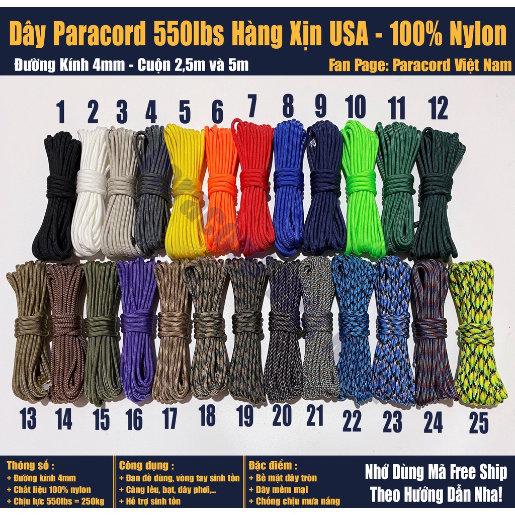 Dây dù Paracord 550lbs Hàng Xịn USA 100% Nylon