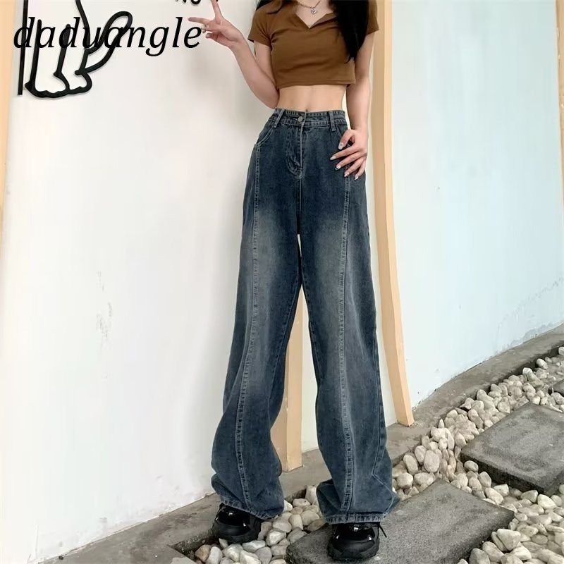Daduhey Quần jean ống rộng lưng cao có size ngoại cỡ phong cách Mỹ thời trang cho nữ