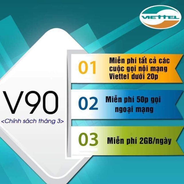 Sim Viettel V90 đã đăng ký tháng đầu. Tháng sau gia hạn 90k/tháng được 2GB/ngày ,miễn phí nội mạng ,50P gọi ngoại mạng.
