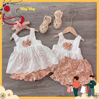 Bộ bé gái áo 2 dây ren trắng + quần đùi hoa