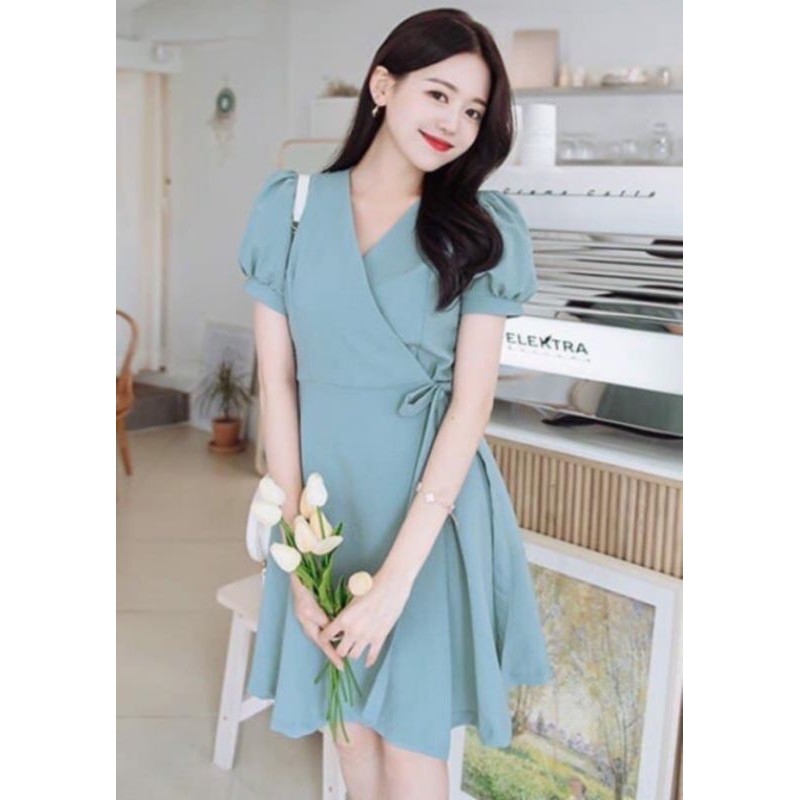 Đầm xanh mint nơ eo