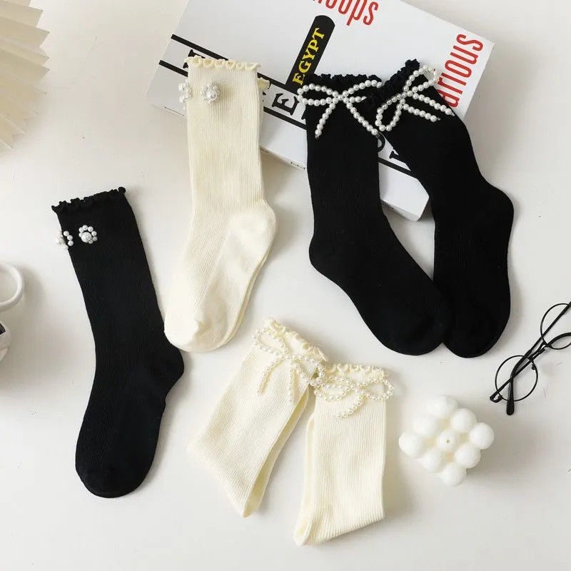 Vớ Cotton Dài Viền Đính Nơ Ngọc Trai Thời Trang Cho Nữ