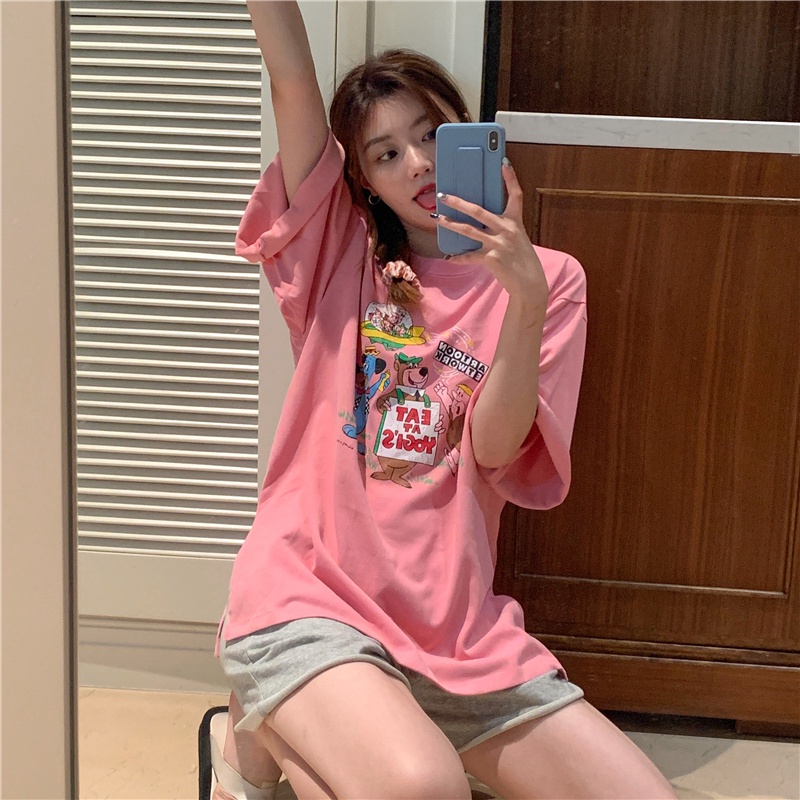 Áo thun tay ngắn dáng rộng in họa tiết hoạt hình thời trang mùa hè cho nữ