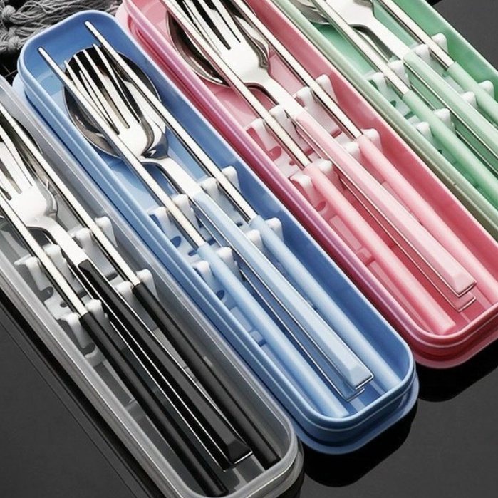 Set Đũa - Thìa Cá Nhân Ăn Cơm Trưa Văn Phòng INOX 304 Cán Nhựa T3 - Tặng Hộp Lúa Mạch Cao Cấp #boduathiacanhan