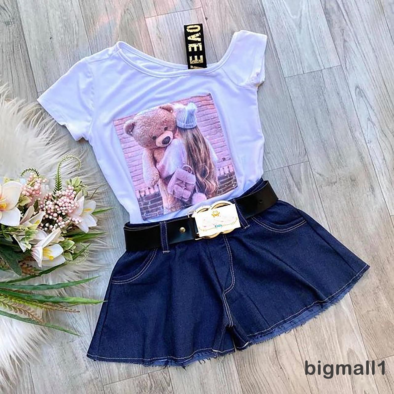 Set Áo Thun Lệch Vai Và Quần Short Denim Đáng Yêu Cho Bé Gái