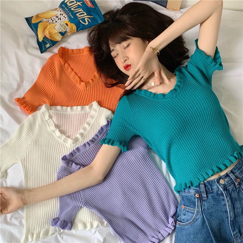 AMOI Áo Thun Nữ Ngắn Tay Cổ Chữ V Chấm Bi Thời Trang