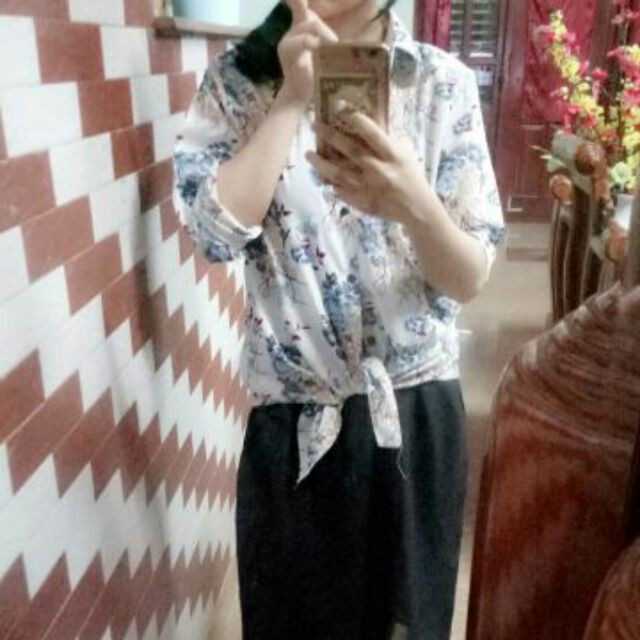 Áo sơ mi dáng dài hoa lá  kèm tặng belt freeship