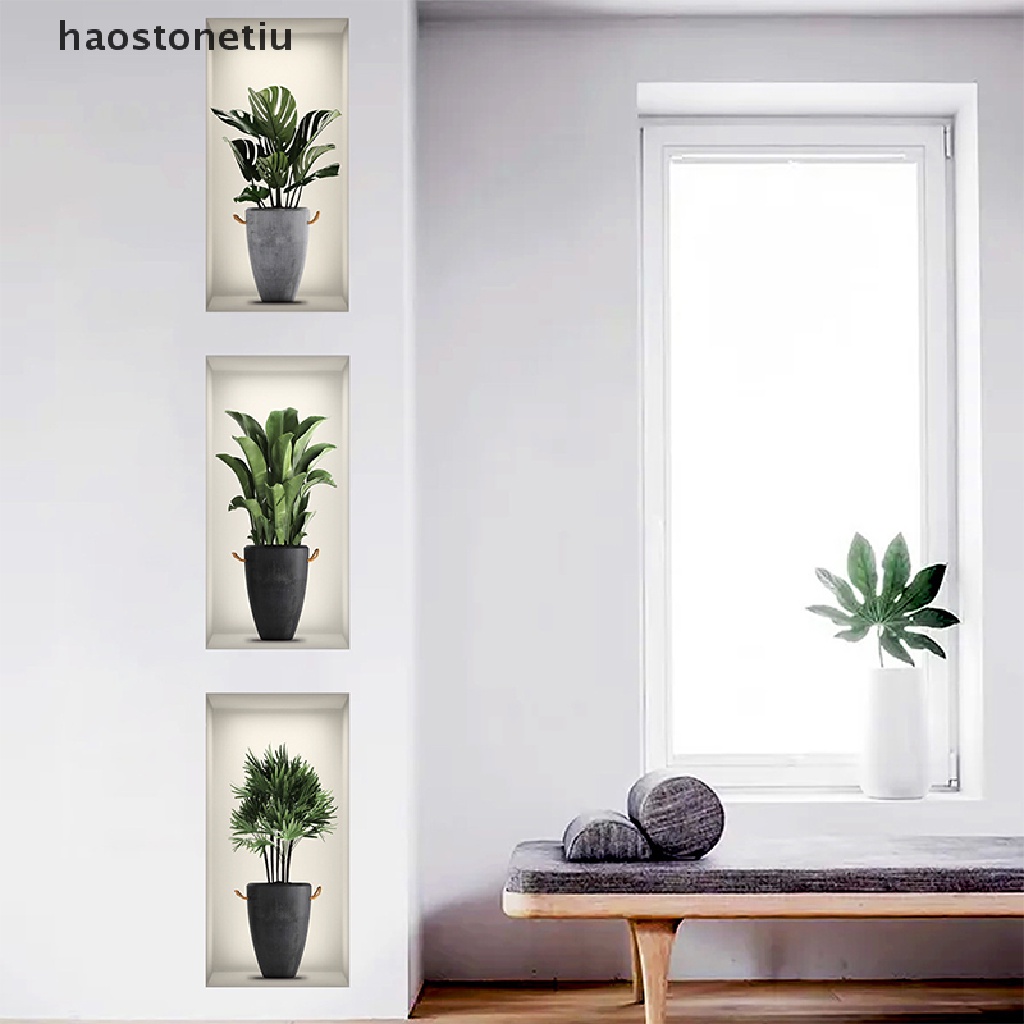 Set 3 Tấm Đề Can Dán Tường / Cửa Sổ Giả Họa Tiết Chậu Cây 3D