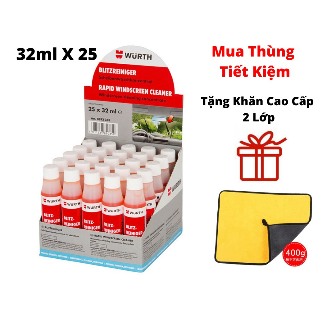 Thùng 25 Chai Dung Dịch Rửa Kính Đậm Đặc Wurth 32ml Tặng Khăn 2 Lớp