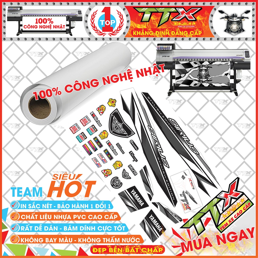 Tem Xe Sirius Trắng Xám Đen - Tem Dán Xe Sirius Đen Trắng Xám Viền Chỉ Siêu Đẹp - Mẫu Tem Rời Sirius Trắng