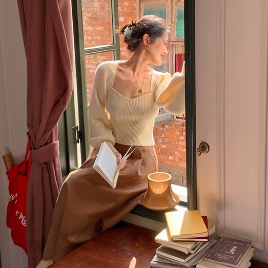 Áo sweater ZHELIHANGFEI dệt kim cổ vuông tay phồng kiểu retro dễ phối đồ