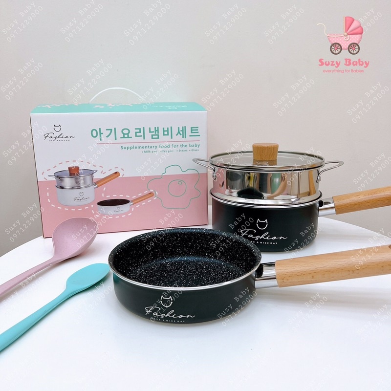 Bộ Nồi Chảo Đá Ăn Dặm Kèm Xửng Hấp, Bộ Nồi Chảo Đá Fashion 16cm Cho Bé Ăn Dặm