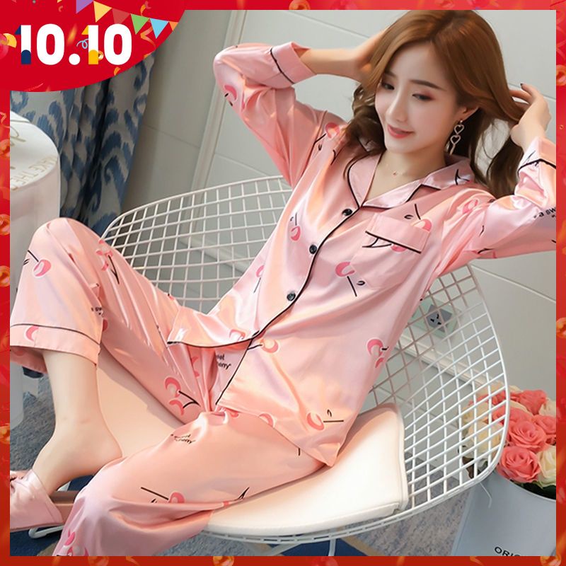 Bộ đồ ngủ tay dài chất lụa mỏng phong cách Hàn Quốc thời trang xuân thu cho nữ