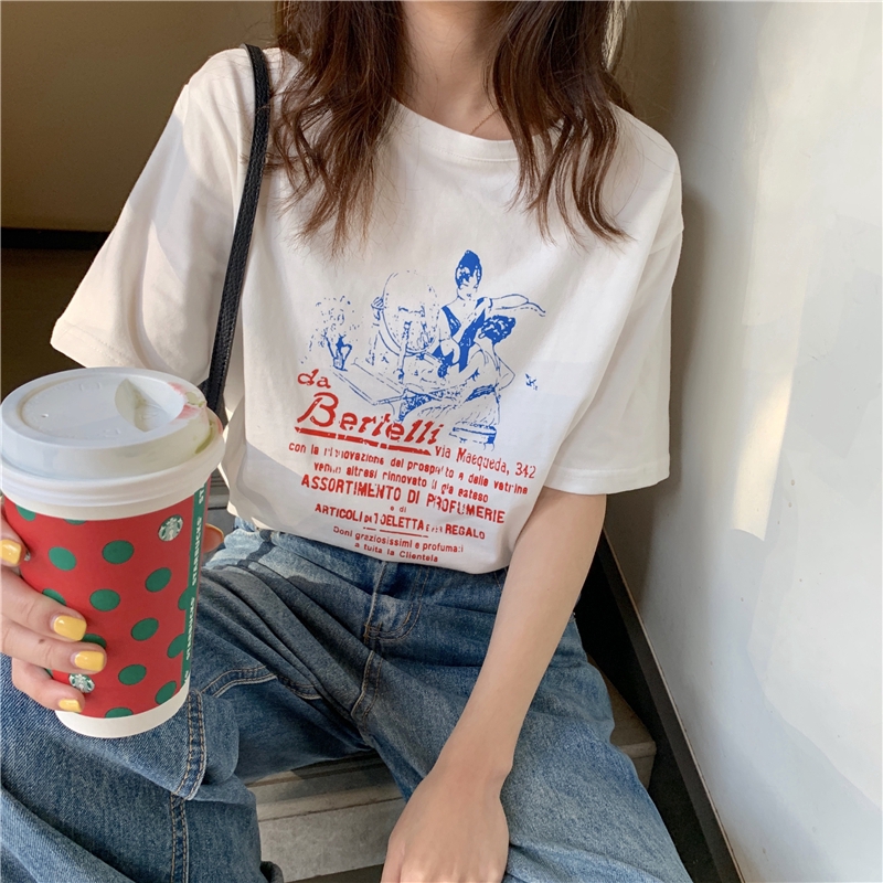 SUXI Áo Thun Tay Ngắn Dáng Rộng In Hình Phong Cách Hàn Quốc