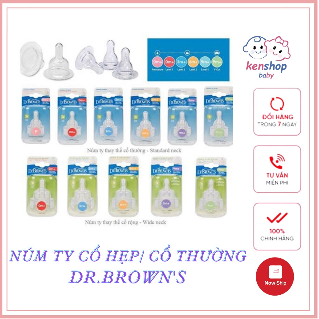 Set 2 chiếc núm ty silicon thay thế bình sữa Dr Brown's cổ hẹp/ cổ thường