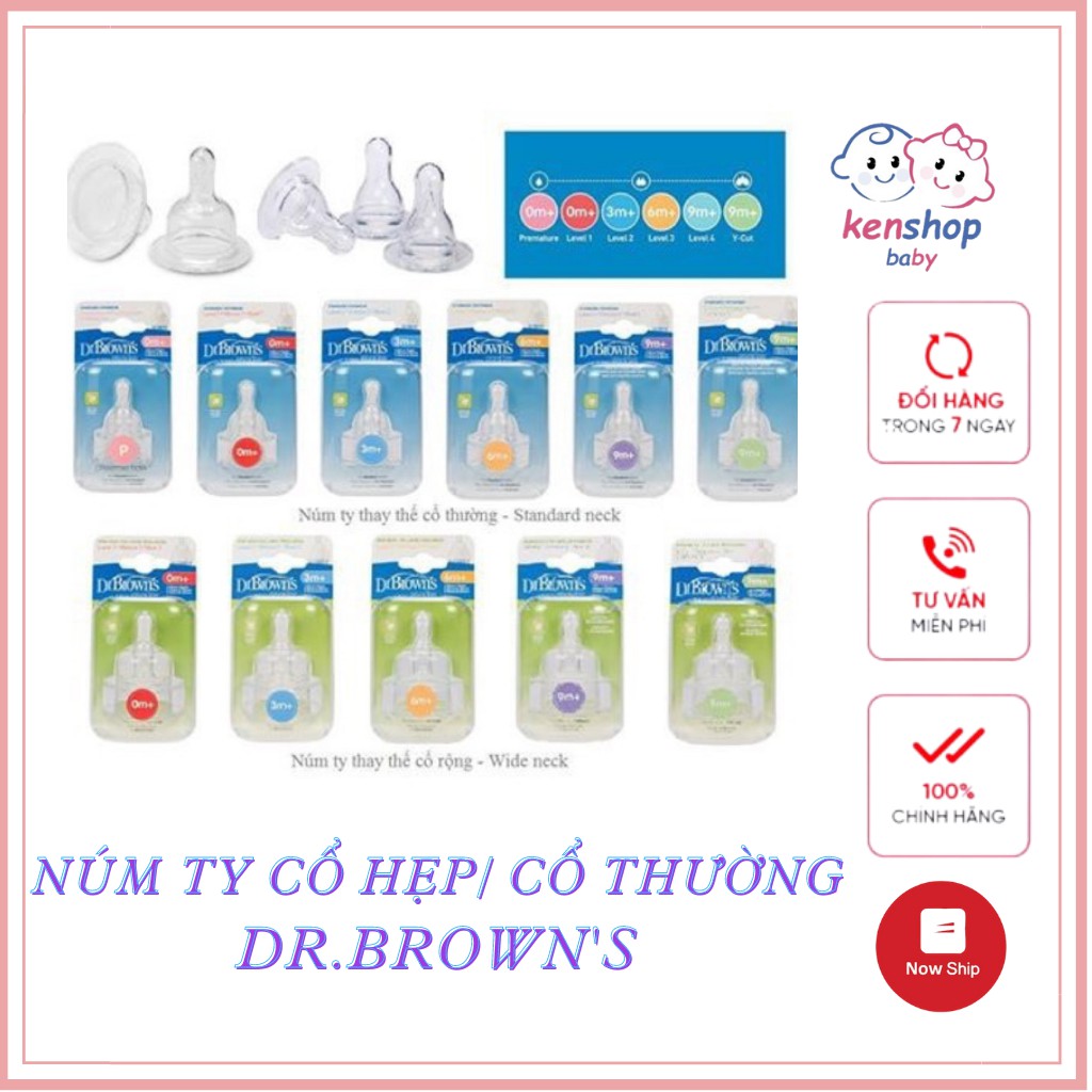 [SP CHÍNH HÃNG]Set 2 chiếc núm ty silicon thay thế bình sữa Dr Brown's cổ thường