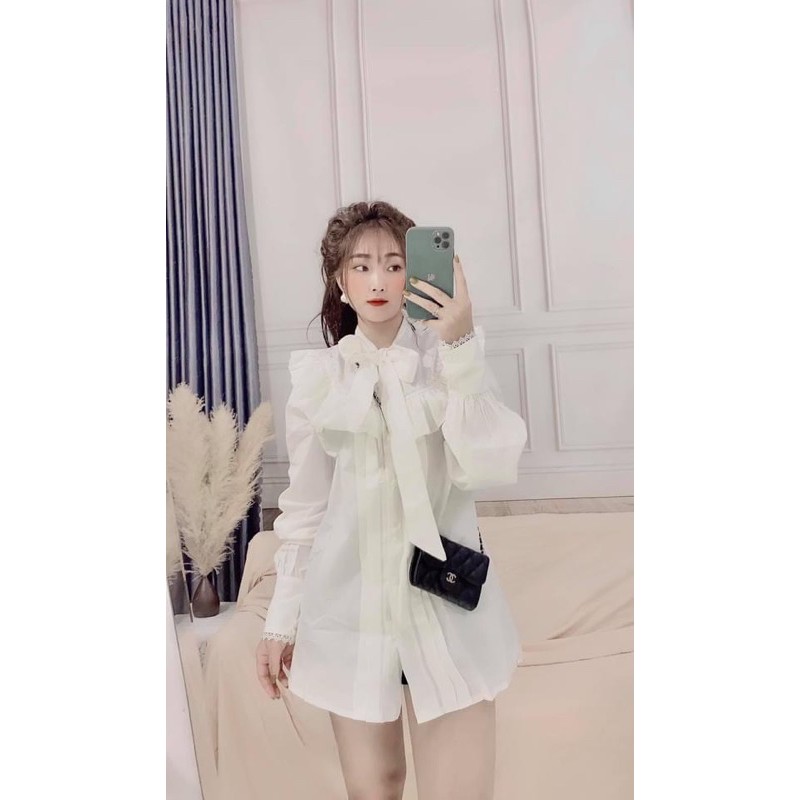 ÁO SƠ MI XẾP LY BÈO THẮT NƠ PHA VIỀN REN