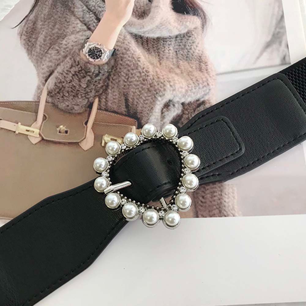 Thắt lưng da PU khóa hình trái tim đính ngọc trai nhân tạo phong cách cổ điển