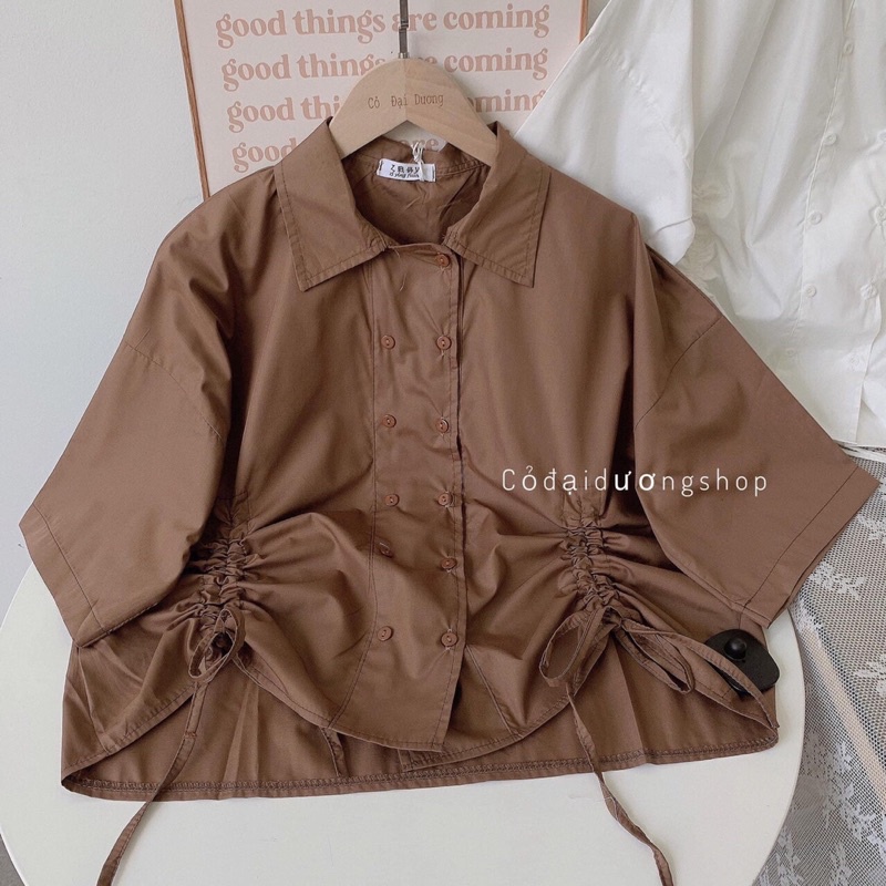 Áo Croptop Sơ Mi Cộc Tay Thiết Kế Dây Rút Nữ Tính Ngọt Ngào
