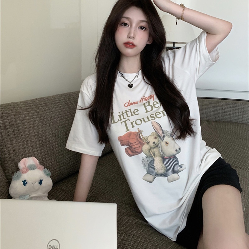 Áo Thun Tay Ngắn Cổ Tròn Dáng Rộng Vải Cotton In Hình Gấu Dễ Thương