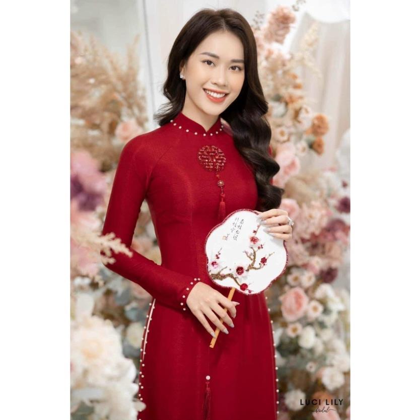 Áo dài cưới , áo dài mặc ăn hỏi chất lụa vân gỗ 2 tà , Áo dài may sẵn cao cấp