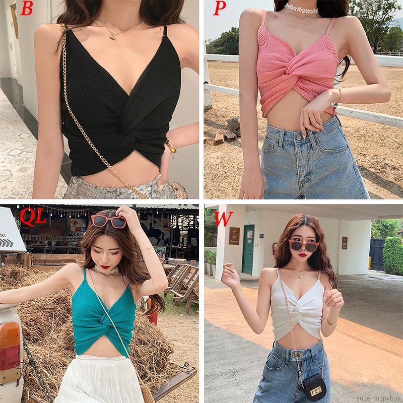 Áo Croptop Dệt Kim Thiết Kế Cổ Chữ V Khoét Sâu Quyến Rũ