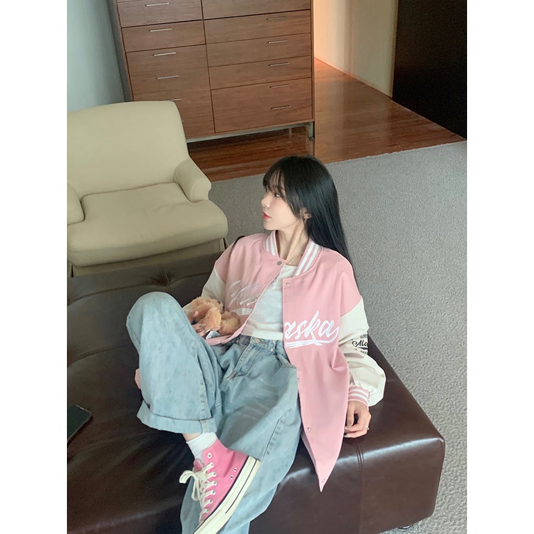 Áo varsity jacket 2022, áo khoác bomber nữ màu nâu, hồng chất nỉ đẹp thời trang unisex quảng châu ulzzang
