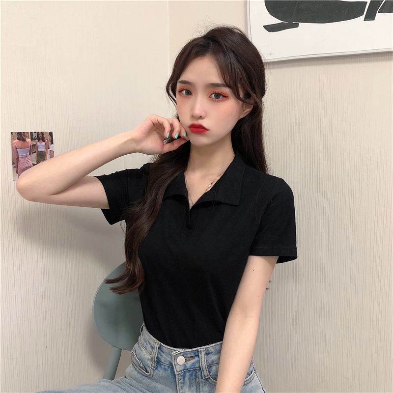 Áo thun croptop cổ polo ngắn tay màu sắc đa dạng cho nữ
