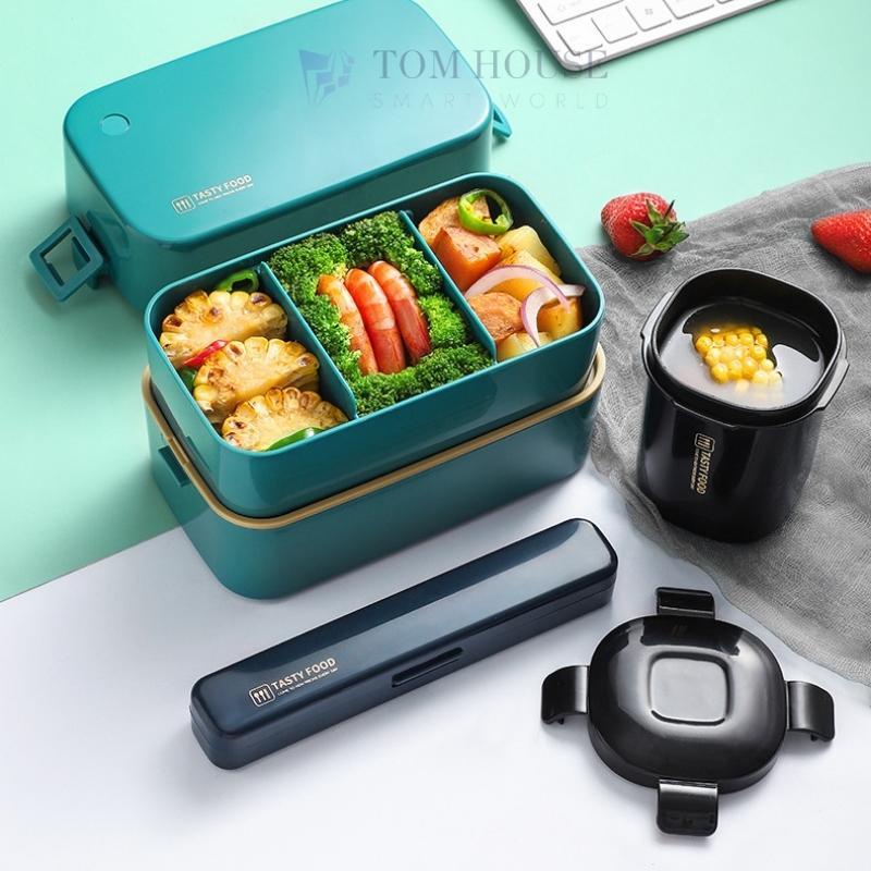 Bộ 3 Sản Phẩm Hộp Cơm Trưa 2 Tầng Cốc Đựng Canh Và Bộ Đũa Muỗng Dung Tích 1.5L Phong Cách Bắc Âu Siêu Đẹp