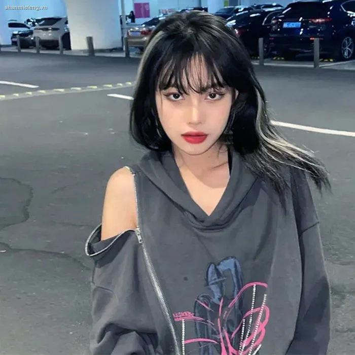 Áo hoodie dáng rộng phối khóa kéo đính đá thời trang xuân thu dành cho nữ