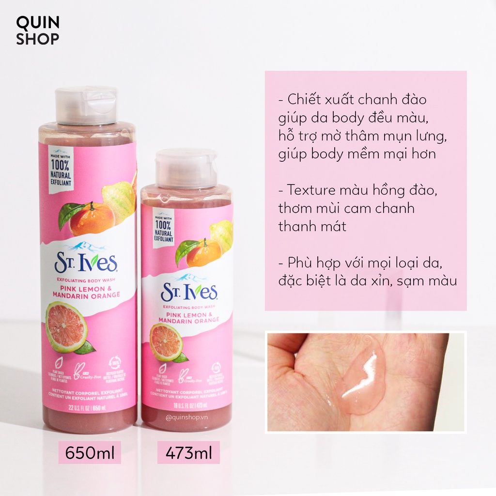 Sữa Tắm Dưỡng Ẩm, Tẩy Tế Bào Chết, Giảm Mụn, Mờ Thâm St.Ives Oatmeal & Shea Butter, Pink Lemon, Sea Salt Body Wash