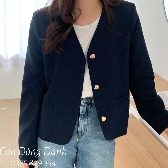 (Mã FL giảm 20k) (AO019 ảnh thật) Áo vest blazer nữ không cổ dài tay cúc trái tim Hàn Quốc | BigBuy360 - bigbuy360.vn
