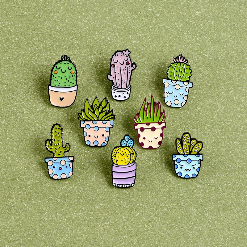 Ghim Cài Áo Hình Chậu Cây Xương Rồng / Lô Hội Tráng Men 8 Mẫu Dùng Làm Quà Tặng Cho Bạn Bè