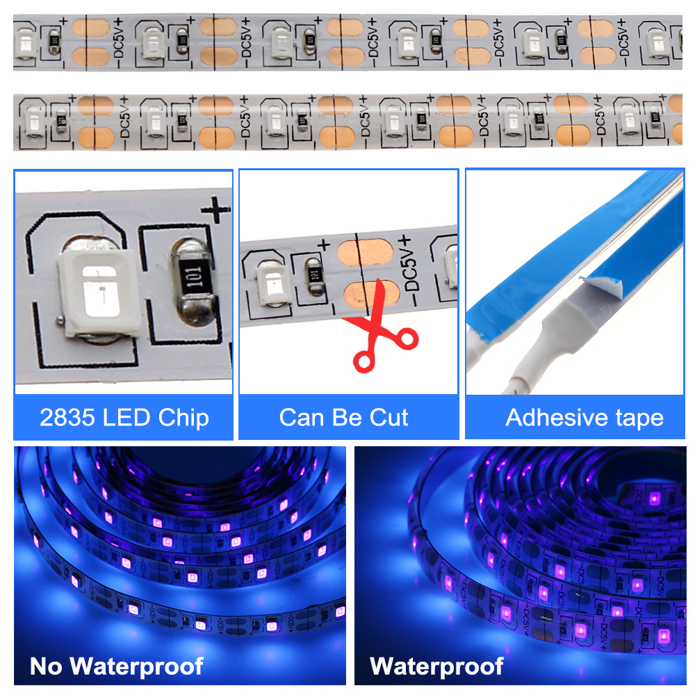 Dải đèn LED UV ánh sáng tím 5v Dc 2835 0.5m 1m 2m