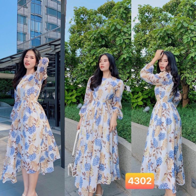Đầm maxi voan hoa tay dài