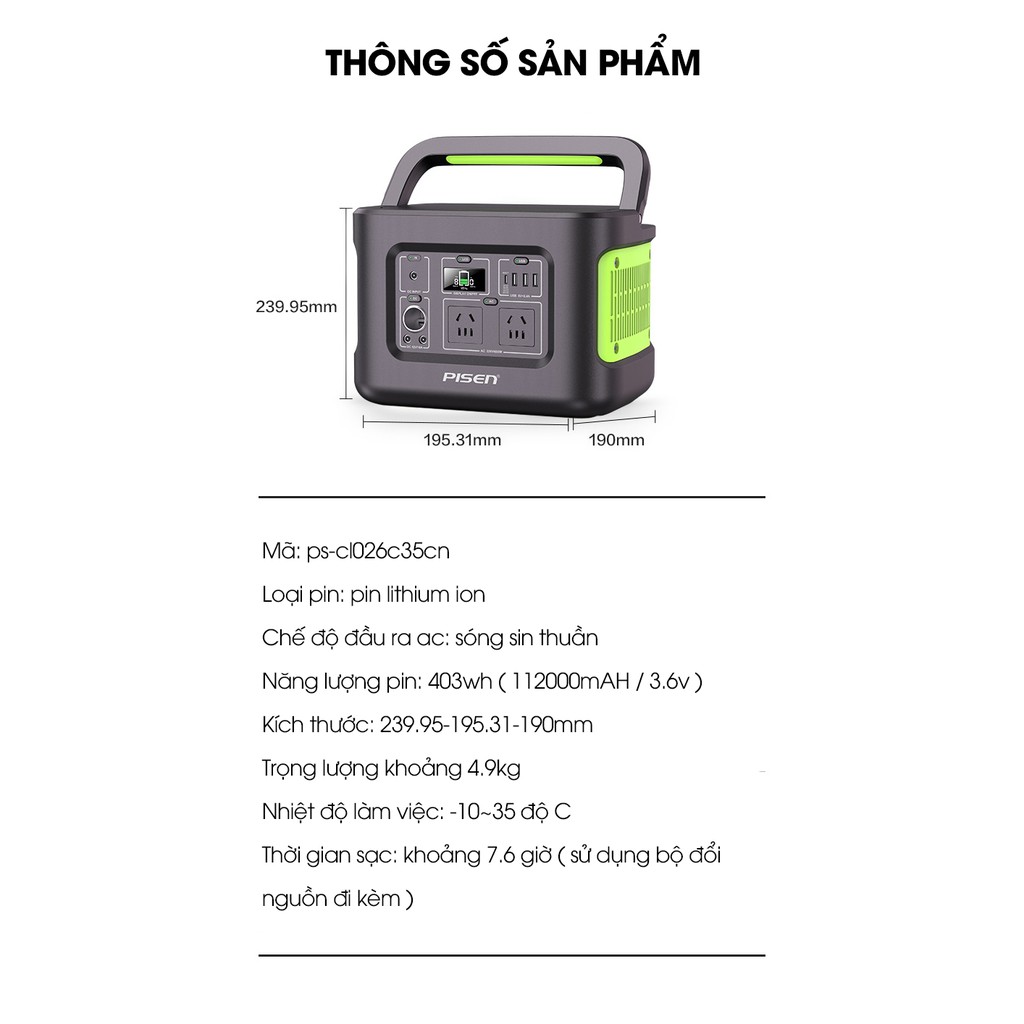 Trạm sạc dự phòng Pisen Power Station 400Wh - Hàng chính hãng