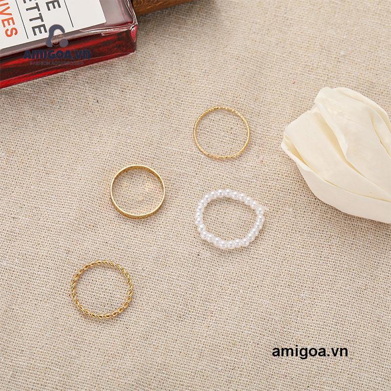 ✨✨Set 4 chiếc nhẫn bằng kim loại đính ngọc trai thiết kế hình học đơn giản thời trang Hàn Quốc