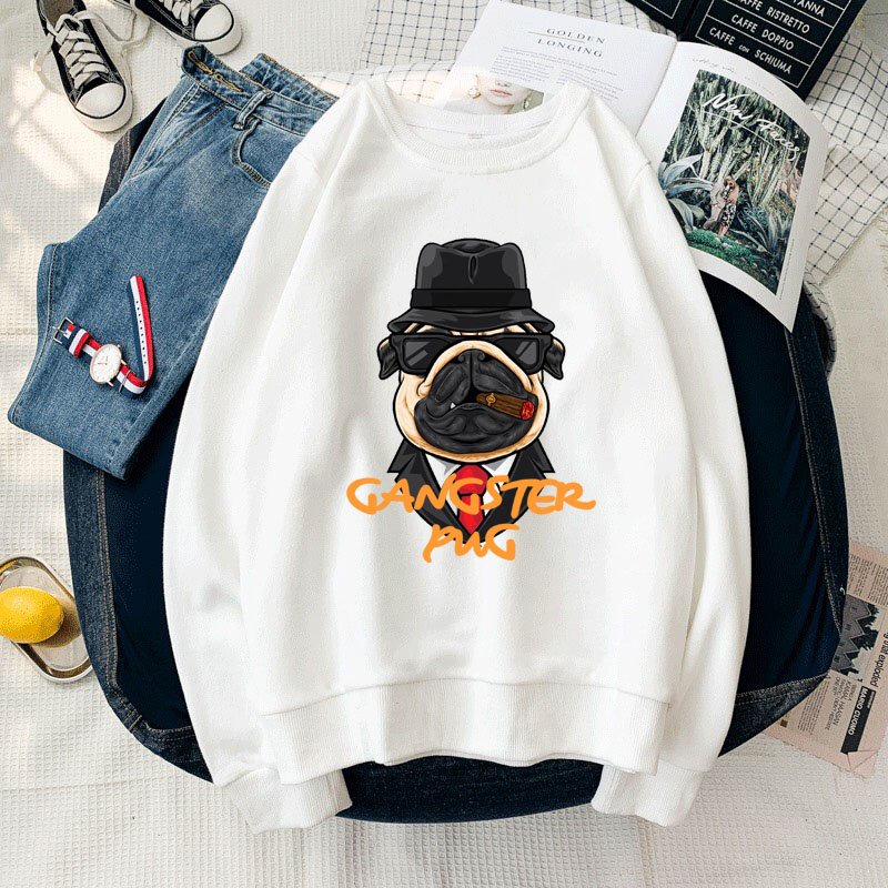 Áo sweater nỉ unisex in gangster pug cực ngầu chất vải nỉ poly dày dặn
