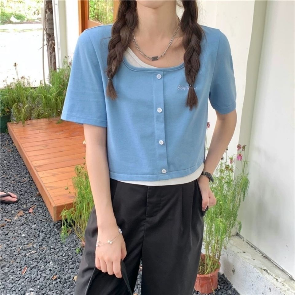 Áo Thun Ngắn Tay Giả Hai Lớp Cổ Vuông Phong Cách Hàn Quốc Mới Cho Nữ