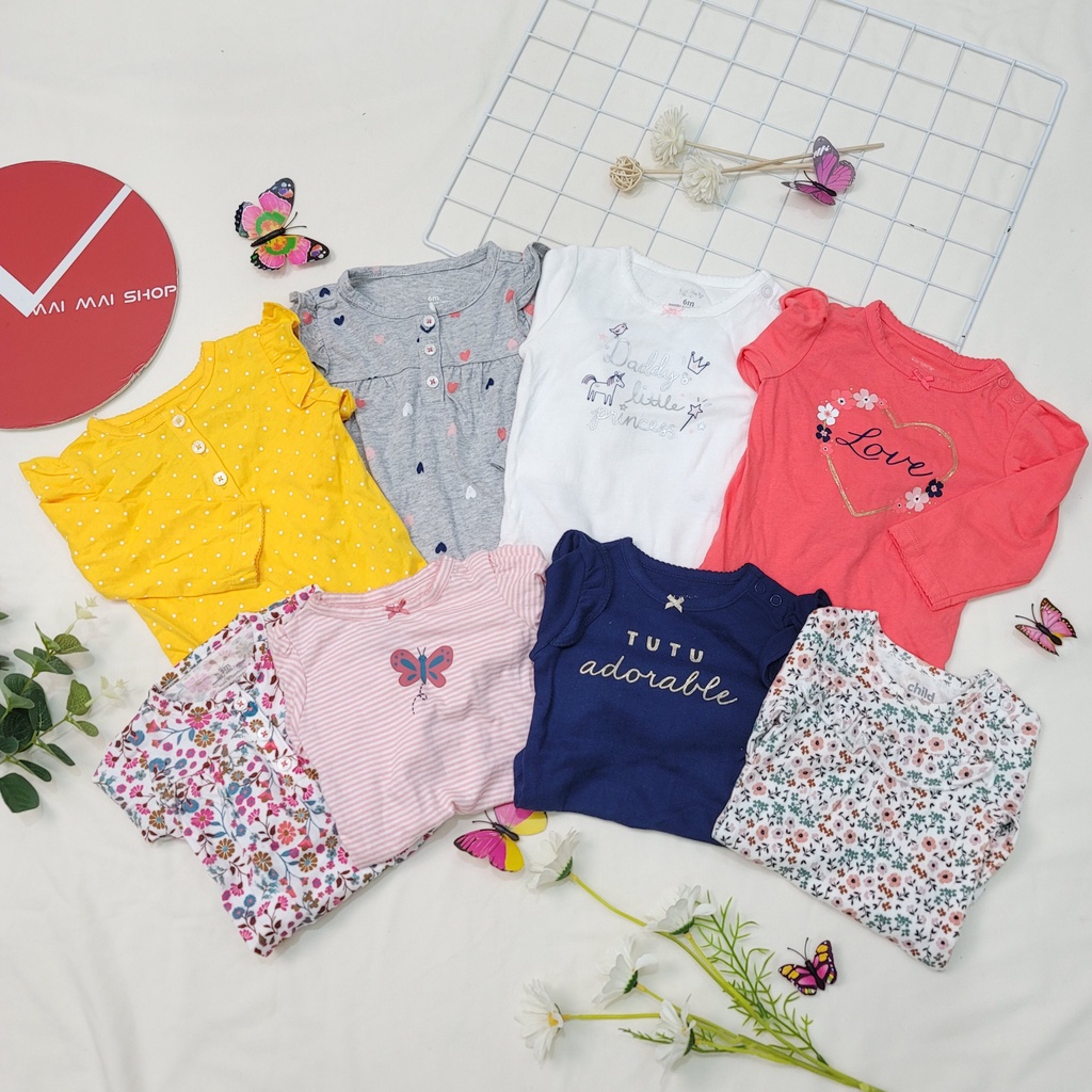 (0-3M chọn màu- GÁI) Body chip TAY DÀI xuất dư cổ tròn, cổ đáp vai cho bé gái- Bộ liền thân, BODYSUIT cho bé