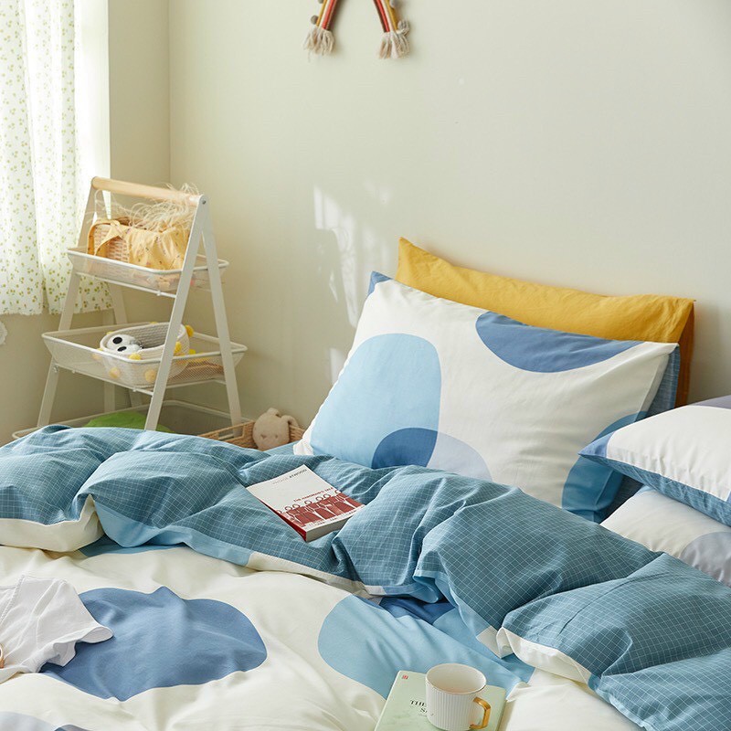 Bộ chăn ga cotton living 100% cotton- mẫu tròn xanh dương
